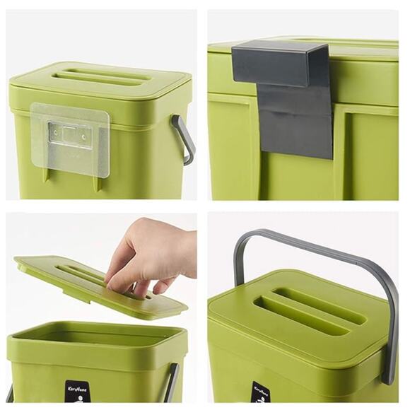 Compost Bin Bucket for Kitchen, Hanging Small Trash Can with Lid- Green - Picture 4 of 5